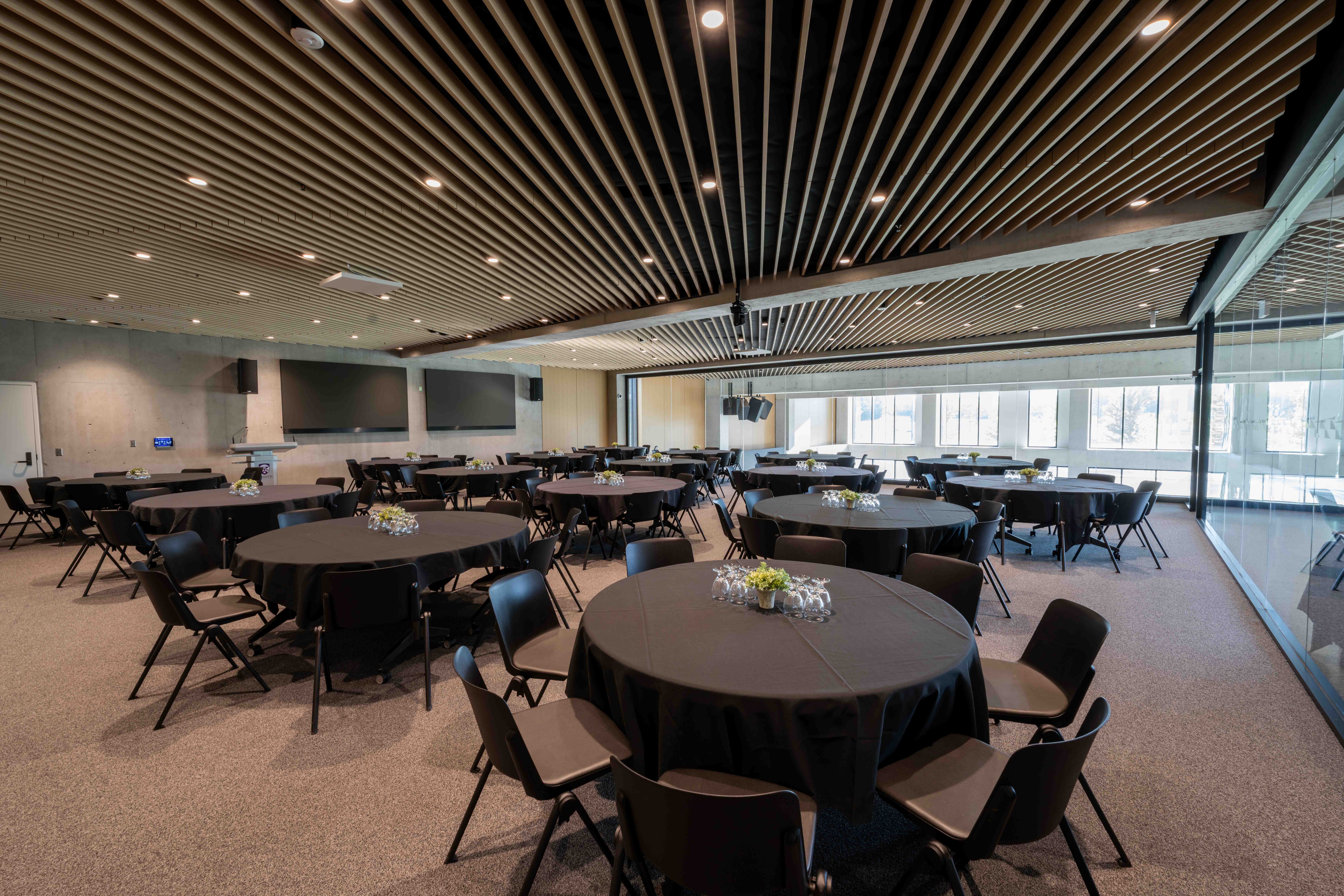 Tables set up in a dining hall
